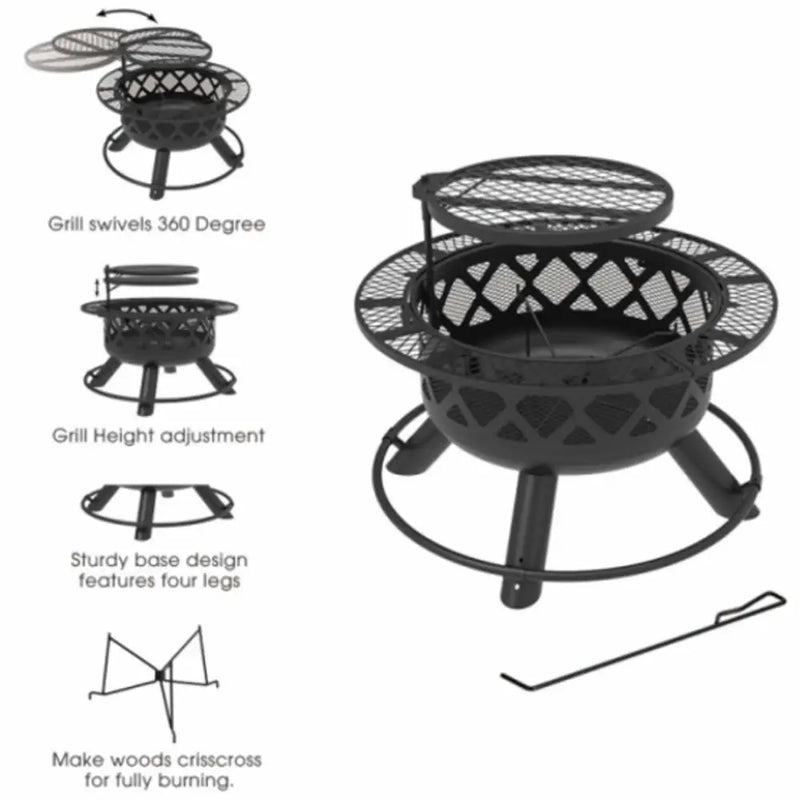 Shinerich - 24” Fire Pit With Grill - Fire Pit